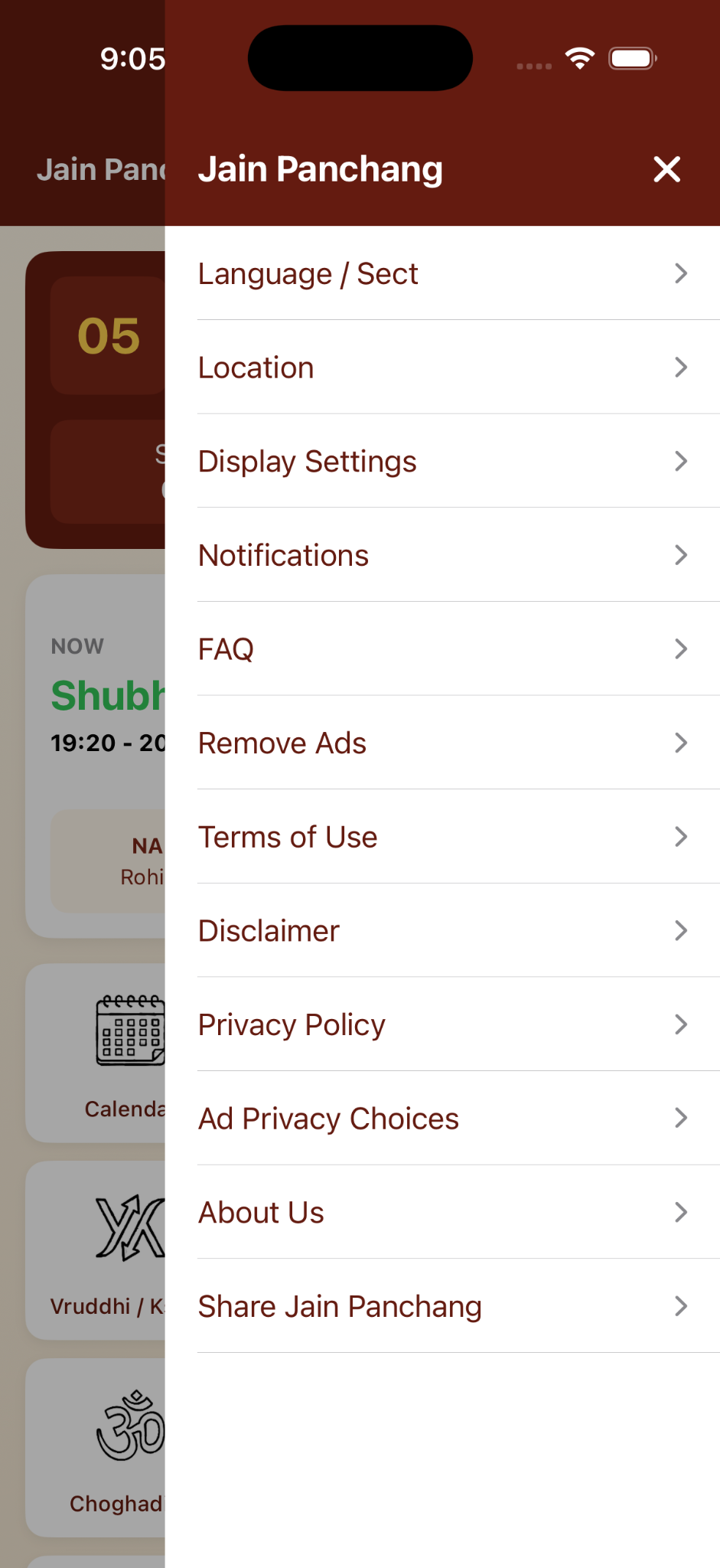 Jain Panchang Settings & Preferences screen