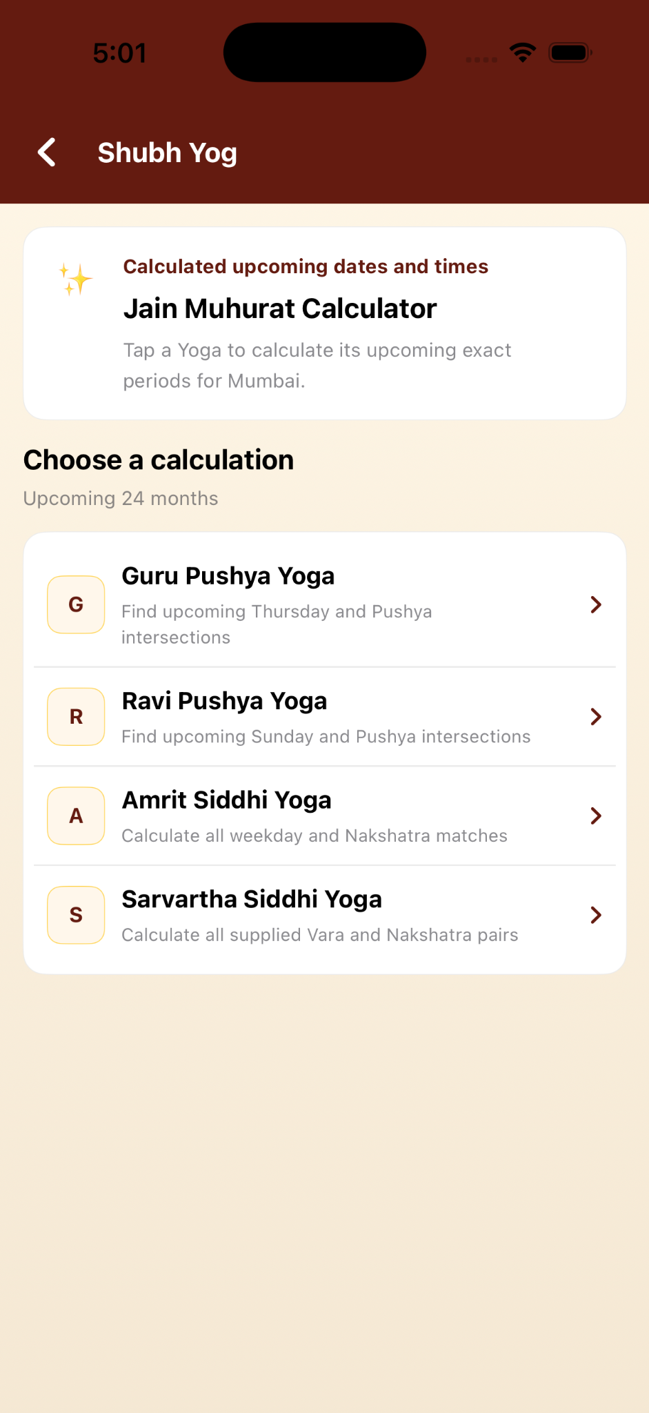 Jain Panchang Shubh Yog screen